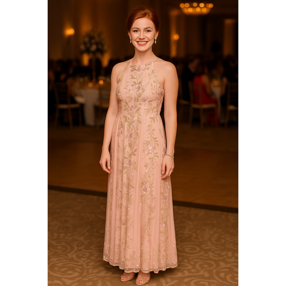 Adrianna Papell Blush Floral Embroidered Halter Gown - Size 12